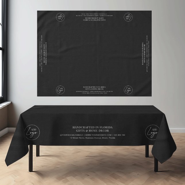 Tabelle mit dem Logo für Minimalistische Schwarze  Tischdecke (Minimalist black business logo tablecloth with your custom text *mockup background is Ai generated*)