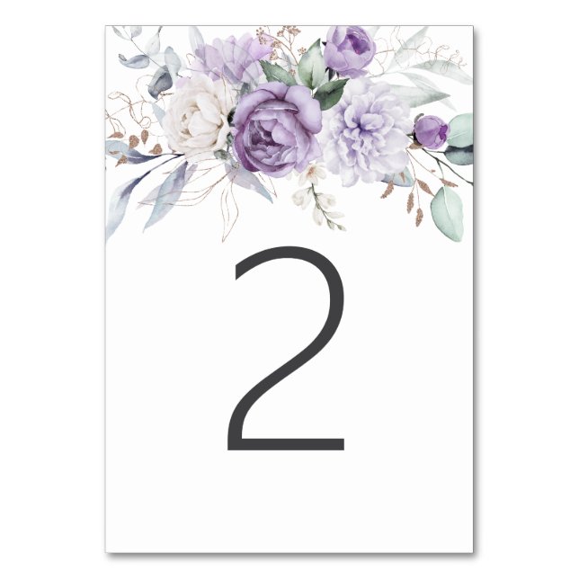 Tabelle Zwei Lila Blumenzehen in Aquarellen Tischnummer (Vorderseite)