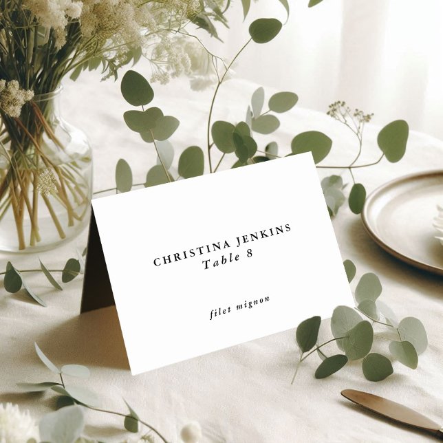 Tabellenkarte für den benutzerdefinierten Namen Ho Tischnummer (Wedding Black & White Custom Guest Name Table Card Name & Meal Choice Side 1)