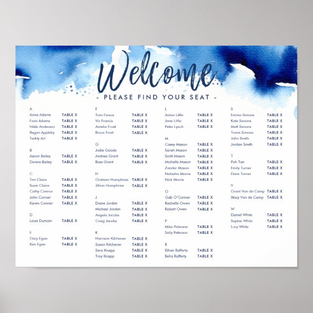TABELSITZPLAN CHARTA Moderne blaue Aquarell Poster (Vorne)