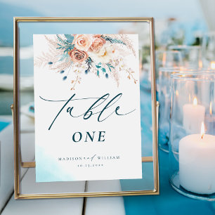 Table Boho Blue Peach Floral Mariage Numéro de tableau