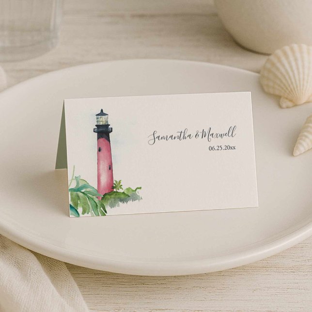 Table de mariage Lighthouse Beach Cartes de place (Beach wedding in Florida features Jupiter lighthouse table seating card art by Victoria Grigaliunas)