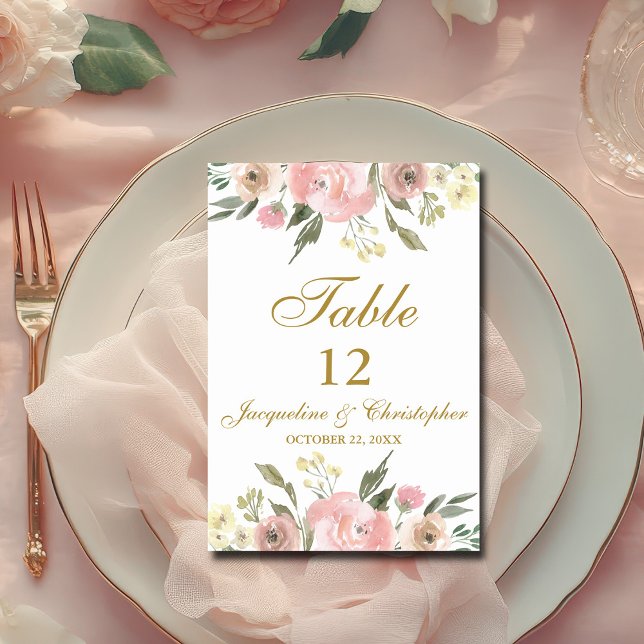 Table Élégant floral Blush Pink Gold Script Numéro de ta (Créateur téléchargé)