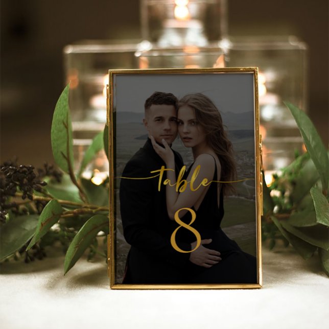Table Élégant Script moderne Mariage photo Numéro de tab (Modern Black and Gold Floral elegant wedding Photo Table card)