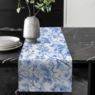 Table Long Grandmillennial Bleu Toile Roses Floral Chemin de