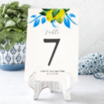 Table Number Lemons Italian Wedding Tischnummer<br><div class="desc">This wedding table number features watercolor lemons in shades of yellow with blue and green botanical leaves. Use the template fields to customize with your table numbers,  names and wedding date. To see the matching wedding stationery suite visit www.zazzle.com/dotellabelle

Art and design by Victoria Grigaliunas</div>