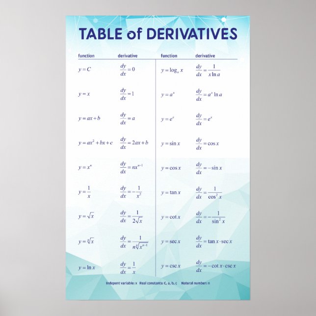 Table of Derivatives Poster (Vorne)