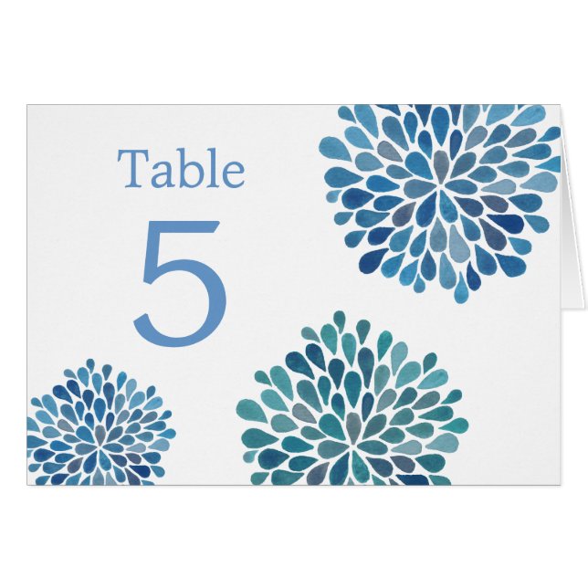 Table Place Cartes Bleu Aquarelle Dahlias Mariage (Devant Horizontal)
