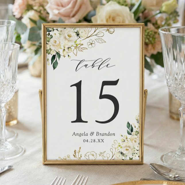Table Roses blanches vertes Floral Mariage Numéro de tab (Créateur téléchargé)