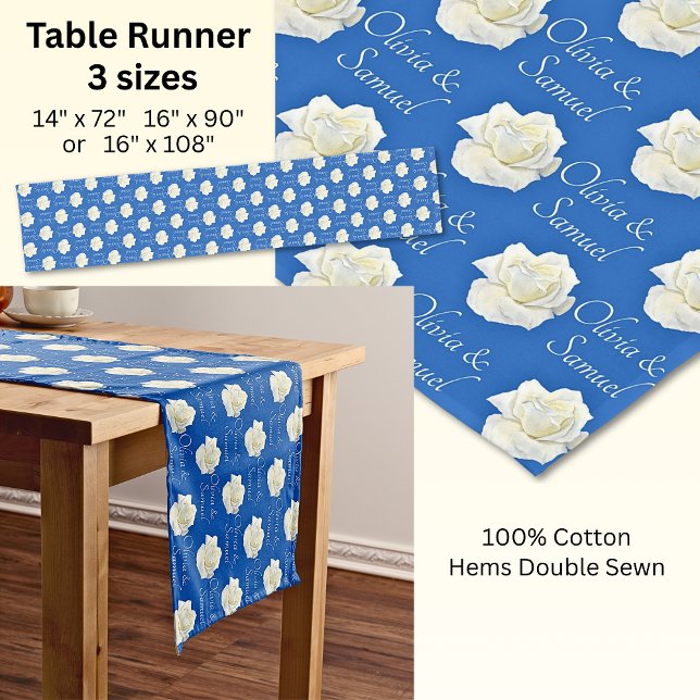 Table Runner Add Names Cobalt Blue White Roses Kurzer Tischläufer (Von Creator hochgeladen)