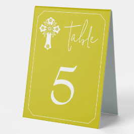 Table Tent Floral Cross Christening Yellow Tischaufsteller