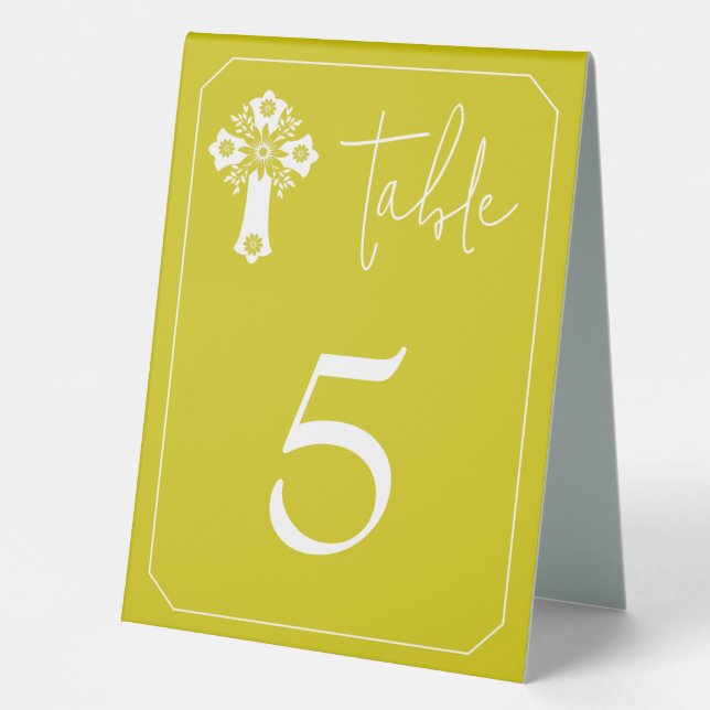 Table Tent Floral Cross Christening Yellow Tischaufsteller (Vorderseite)