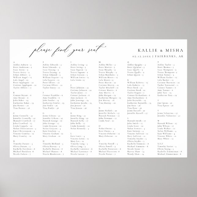 Tableau alphabétique minimaliste Mariage (Devant)