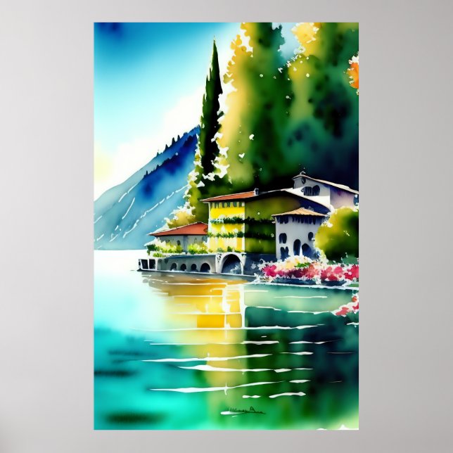 Tableau aquarelle du lac de Côme (Lago di Como) (Devant)