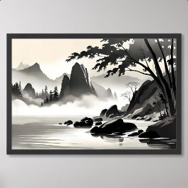 tableau classique paysage rocheux rivière noir bla