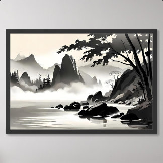 tableau classique paysage rocheux rivière noir bla