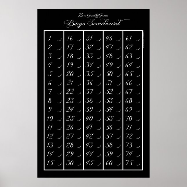 Tableau de bord de bingo 75 - Jeux de gravité zéro (Devant)