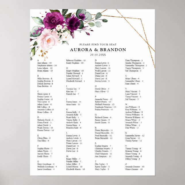 Tableau de mariage aux roses roses blush prune pou (Devant)