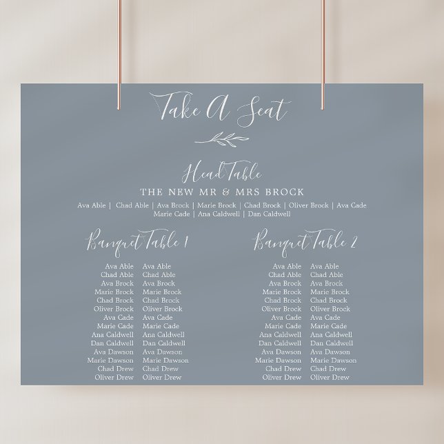 Tableau de Mariage de banquet bleu feuille minimal (Minimal Leaf Blue Banquet Wedding Seating Chart)