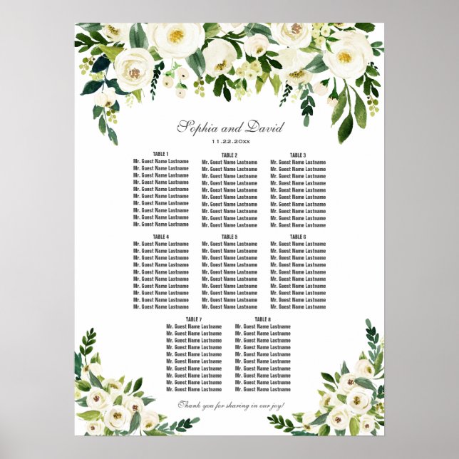 Tableau de Mariage Fleurs Blanches Charmant (Devant)