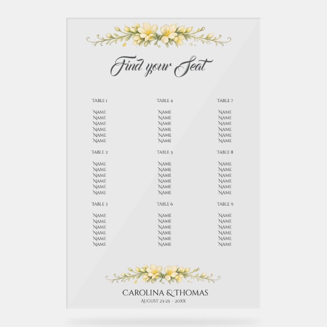 Tableau de Mariage Jaune Canari Freesia (Recto)