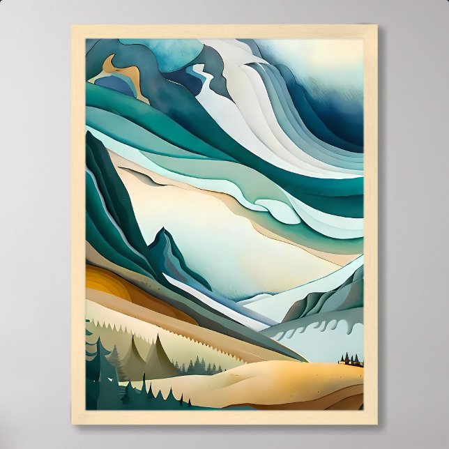 tableau de montagne pin bleu abstrait (mountain painting abstract blue cloudy pine tree)