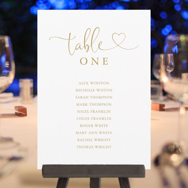Tableau de numéros de table à double face avec écr (Gold Heart Script Table Number Seating Chart)