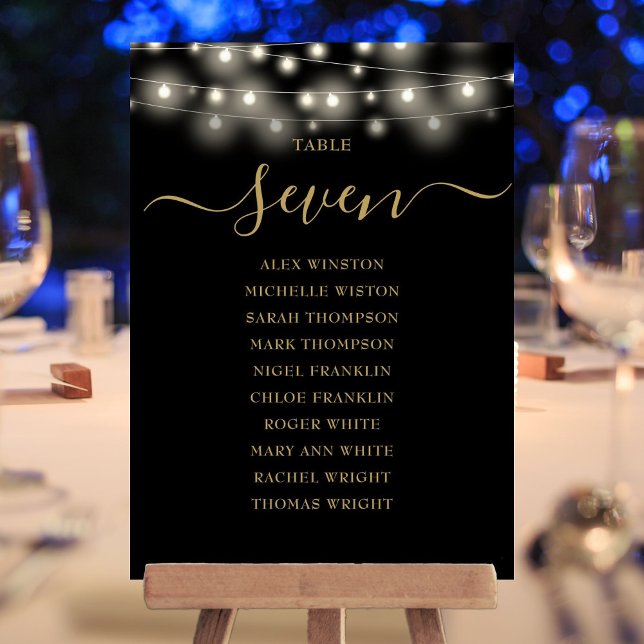 Tableau de numéros de table éclairage or noir Plan (Black Gold Lights Table Number Seating Chart)