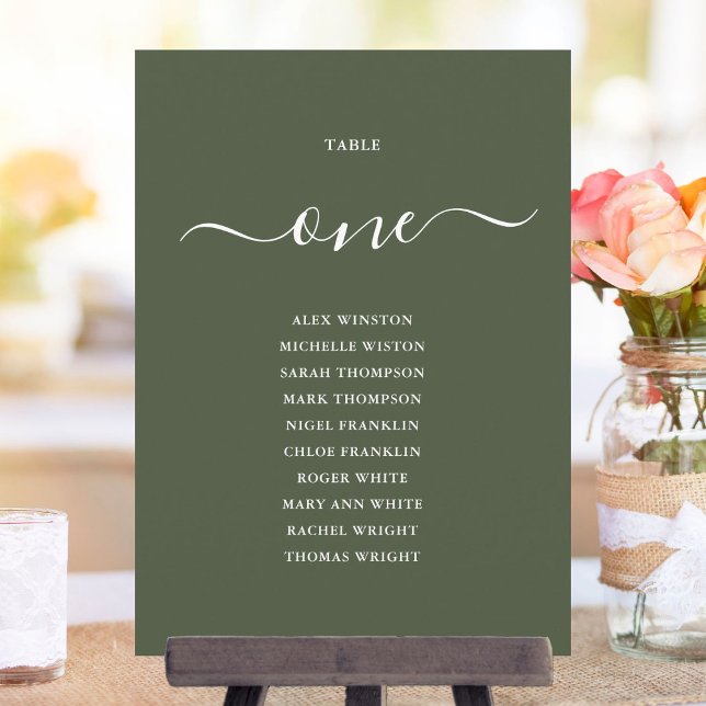 Tableau de numéros de table vert olive pour plan d (Olive Green Table Number Seating Chart)