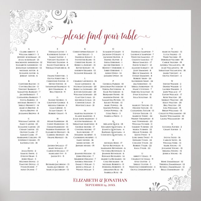 Tableau de placement alphabétique de mariage Silve (Devant)