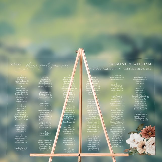 Tableau de placement alphabétique floral bohème ru (Neutre)