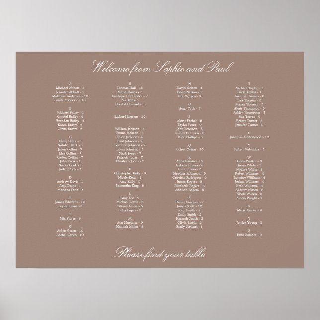 Tableau de placement alphabétique taupe (Devant)