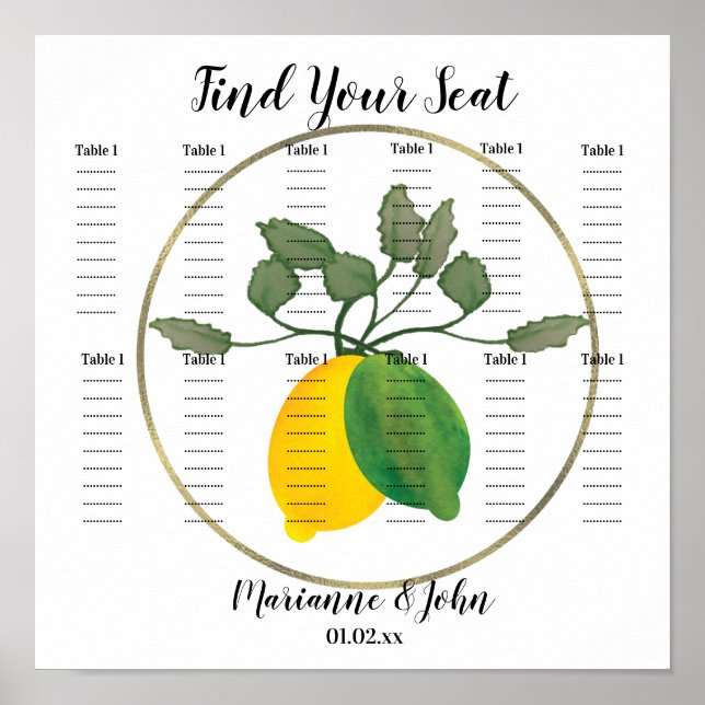 Tableau de placement de mariage au citron à feuill (Devant)
