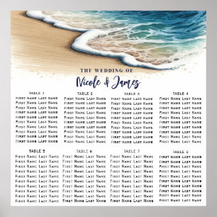 Tableau de placement de mariage côtier avec vagues