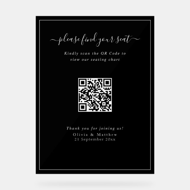 Tableau de Siège Code QR de Mariage Noir Moderne e (Recto)