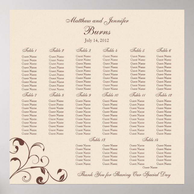 Tableau de siège de la réception du mariage carré (Devant)