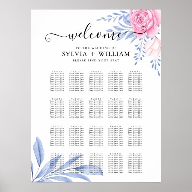 Tableau de siège Mariage rose rose pâle bleu foncé (Devant)