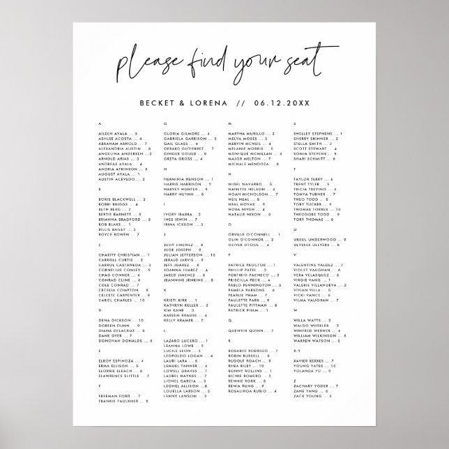 Tableau de sièges alphabétique minimaliste moderne (Devant)