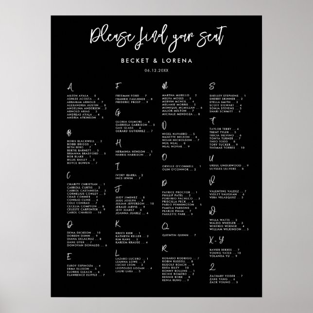 Tableau de sièges alphabétique noir contemporain (Devant)