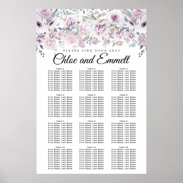 Tableau de sièges de Mariage blanc violet à 12 tab (Devant)