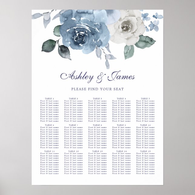 Tableau de sièges de Mariage Floral Dusty Blue (Devant)