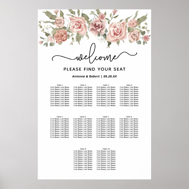 Tableau de sièges Mariage à 10 tables Rose Dusty (Devant)