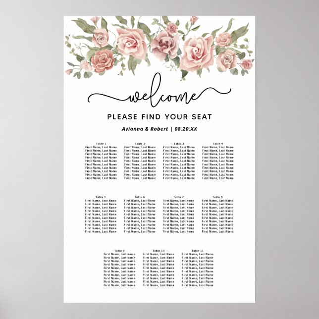 Tableau de sièges Mariage à 11 tables Rose Dusty (Devant)