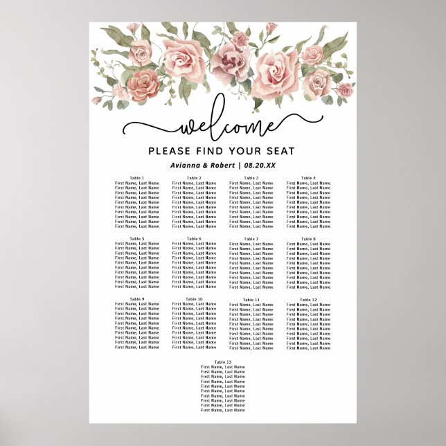 Tableau de sièges Mariage à 13 tables Rose Dusty (Devant)