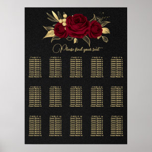 tableau de sièges mariage à fleurs bordeaux et dor