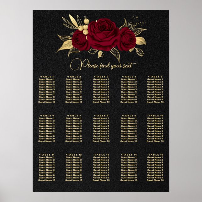 tableau de sièges mariage à fleurs bordeaux et dor (Devant)