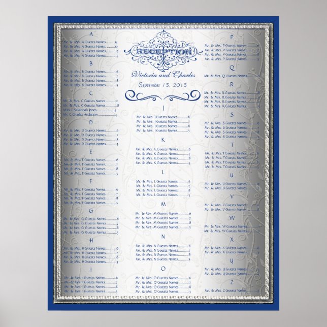 Tableau de sièges Mariage bleu et argent (Devant)