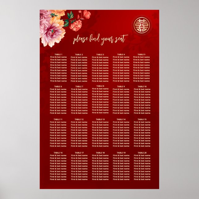 Tableau de sièges Mariage chinois Peony (Devant)