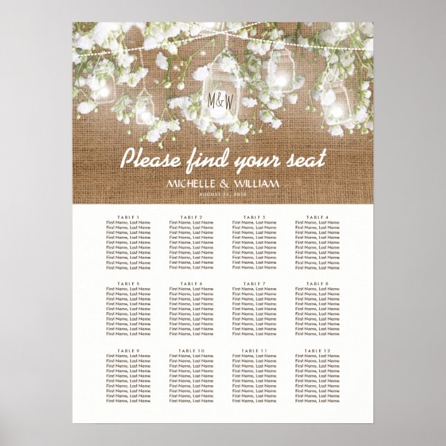 Tableau de sièges Mariage de Burlap Rustique pour  (Devant)