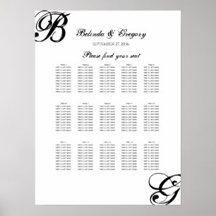 Tableau de sièges Mariage de script noir et blanc